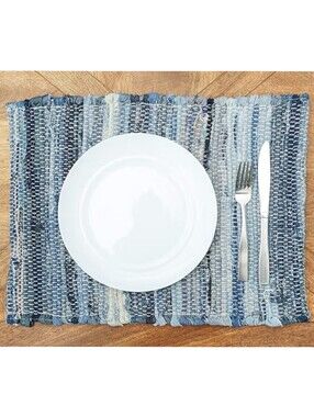 C&F Home NWT 4-Pc Denim Cotton Blend Chindi Placemats In Blue 19"x13"